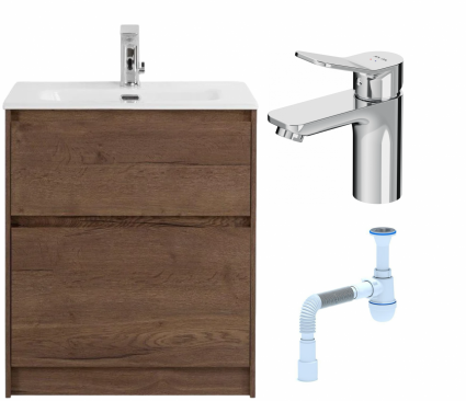 Комплект: Тумба с раковиной BelBagno Kraft напольная + Смеситель Am.Pm X-Joy F85A02100 для раковины, хром + Сифон АниПласт