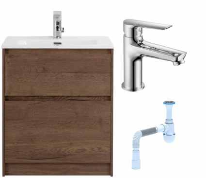 Комплект: Тумба с раковиной BelBagno Kraft напольная + Смеситель для раковины Haiba HB10198, хром + Сифон АниПласт