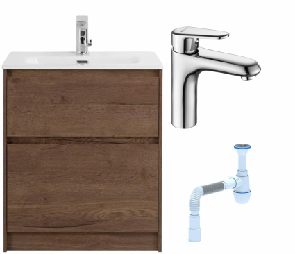 Комплект: Тумба с раковиной BelBagno Kraft напольная + Смеситель Lemark Point LM0306C для раковины, хром + Сифон АниПласт
