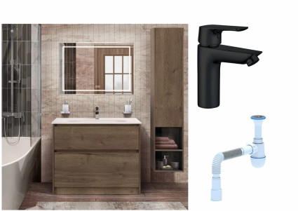 Комплект: Мебель для ванной BelBagno Kraft + Смеситель Aquanet Static AF330-10B для раковины, чёрный + Сифон АниПласт