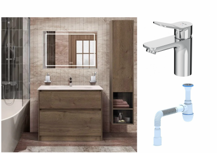 Комплект: Мебель для ванной BelBagno Kraft + Смеситель Am.Pm X-Joy F85A02100 для раковины, хром + Сифон АниПласт