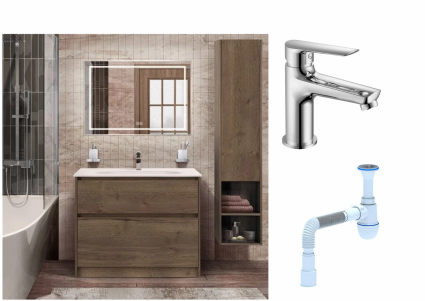 Комплект: Мебель для ванной BelBagno Kraft + Смеситель для раковины Haiba HB10198, хром + Сифон АниПласт