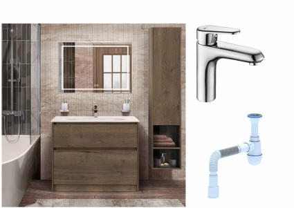 Комплект: Мебель для ванной BelBagno Kraft + Смеситель Lemark Point LM0306C для раковины, хром + Сифон АниПласт