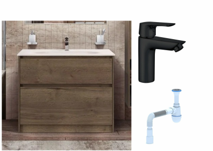 Комплект: Тумба с раковиной BelBagno Kraft напольная + Смеситель Aquanet Static AF330-10B для раковины, чёрный + Сифон АниПласт