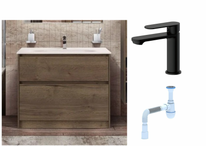 Комплект: Тумба с раковиной BelBagno Kraft напольная + Смеситель для раковины Haiba HB10590-7, черный + Сифон АниПласт