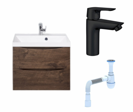 Комплект: Тумба с раковиной BelBagno Marino 60 rovere moro + Смеситель Aquanet Static AF330-10B черный + Сифон АниПласт