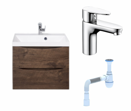 Комплект: Тумба с раковиной BelBagno Marino 60 rovere moro + Смеситель Wasserkraft Leine 3503 хром + Сифон АниПласт