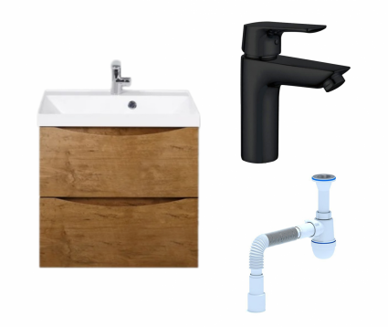 Комплект: Тумба с раковиной BelBagno Marino 60 rovere nature + Смеситель Aquanet Static AF330-10B черный + Сифон АниПласт