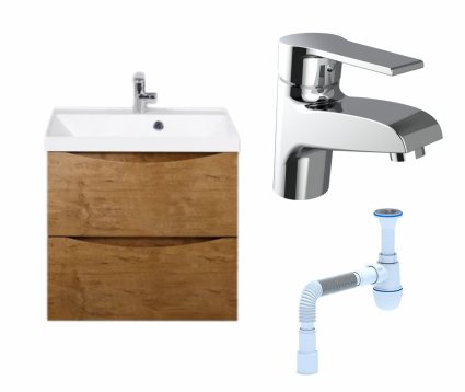 Комплект: Тумба с раковиной BelBagno Marino 60 rovere nature + Смеситель Agger Right A2902100 хром + Сифон АниПласт