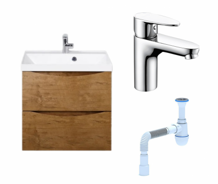 Комплект: Тумба с раковиной BelBagno Marino 60 rovere nature + Смеситель Wasserkraft Leine 3503 хром + Сифон АниПласт