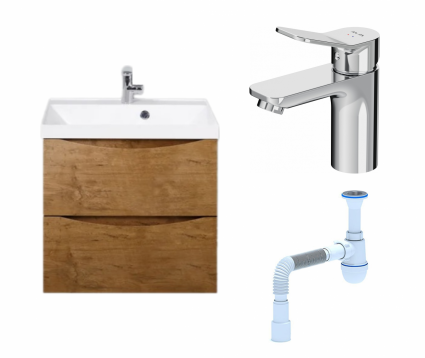 Комплект: Тумба с раковиной BelBagno Marino 60 rovere nature + Смеситель Am.Pm X-Joy F85A02100 хром + Сифон АниПласт