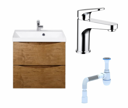 Комплект: Тумба с раковиной BelBagno Marino 60 rovere nature + Смеситель Bravat Eler F1191238CP-RUS хром + Сифон АниПласт