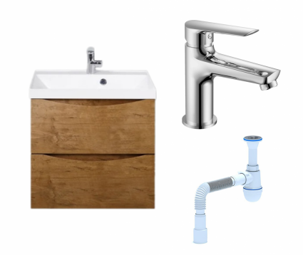 Комплект: Тумба с раковиной BelBagno Marino 60 rovere nature + Смеситель Haiba HB10198 хром + Сифон АниПласт