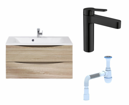 Комплект: Тумба с раковиной BelBagno Marino 90 rovere bianco + Смеситель BelBagno Delta DEL-LVM-NERO черный + Сифон АниПласт