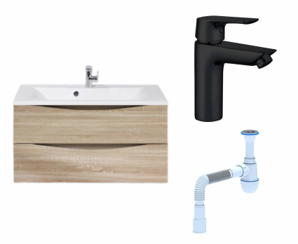 Комплект: Тумба с раковиной BelBagno Marino 90 rovere bianco + Смеситель Aquanet Static AF330-10B черный + Сифон АниПласт