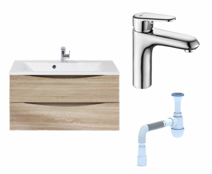 Комплект: Тумба с раковиной BelBagno Marino 90 rovere bianco + Смеситель Lemark Point LM0306C хром + Сифон АниПласт