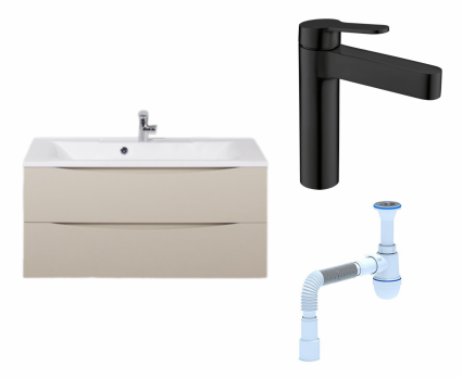 Комплект: Тумба с раковиной BelBagno Marino 100 crema opaco + Смеситель BelBagno Delta DEL-LVM-NERO черный + Сифон АниПласт