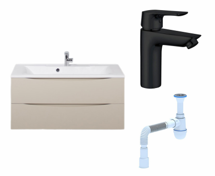 Комплект: Тумба с раковиной BelBagno Marino 100 crema opaco + Смеситель Aquanet Static AF330-10B черный + Сифон АниПласт