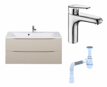 Комплект: Тумба с раковиной BelBagno Marino 100 crema opaco + Смеситель Lemark Point LM0306C хром + Сифон АниПласт