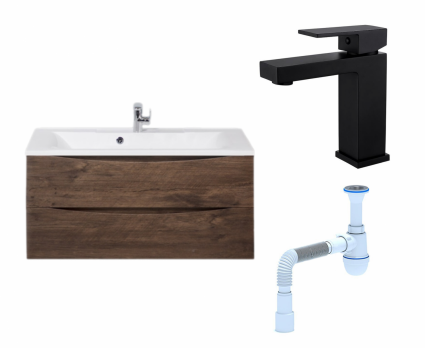 Комплект: Тумба с раковиной BelBagno Marino 100 rovere moro + Смеситель Haiba HB10803-7 черный + Сифон АниПласт