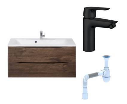 Комплект: Тумба с раковиной BelBagno Marino 100 rovere moro + Смеситель Aquanet Static AF330-10B черный + Сифон АниПласт