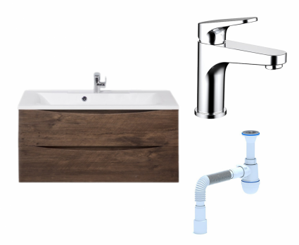 Комплект: Тумба с раковиной BelBagno Marino 100 rovere moro + Смеситель Bravat Eler F1191238CP-RUS хром + Сифон АниПласт