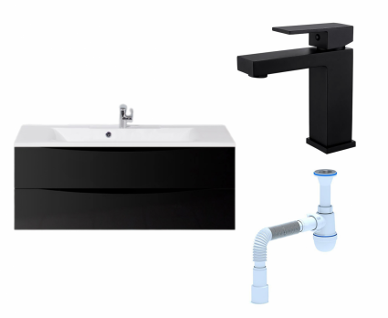 Комплект: Тумба с раковиной BelBagno Marino 120 nero lucido + Смеситель Haiba HB10803-7 черный + Сифон АниПласт