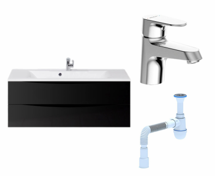 Комплект: Тумба с раковиной BelBagno Marino 120 nero lucido + Смеситель Bravat Alfa F1120178CP хром + Сифон АниПласт