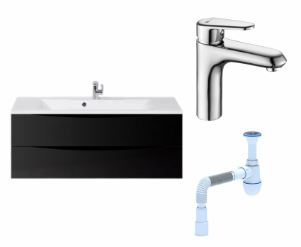 Комплект: Тумба с раковиной BelBagno Marino 120 nero lucido + Смеситель Lemark Point LM0306C хром + Сифон АниПласт