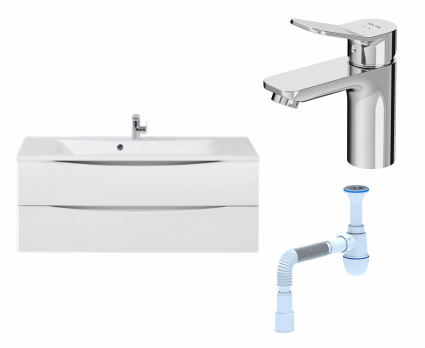 Комплект: Тумба с раковиной BelBagno Marino 120 bianco opaco + Смеситель Am.Pm X-Joy F85A02100 хром + Сифон АниПласт