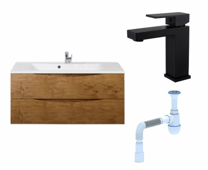 Комплект: Тумба с раковиной BelBagno Marino 120 rovere nature + Смеситель Haiba HB10803-7 черный + Сифон АниПласт