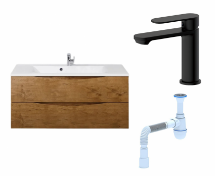 Комплект: Тумба с раковиной BelBagno Marino 120 rovere nature + Смеситель Haiba HB10590-7 черный + Сифон АниПласт