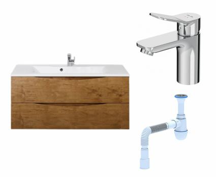 Комплект: Тумба с раковиной BelBagno Marino 120 rovere nature + Смеситель Am.Pm X-Joy F85A02100 хром + Сифон АниПласт