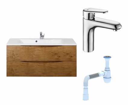 Комплект: Тумба с раковиной BelBagno Marino 120 rovere nature + Смеситель Lemark Point LM0306C + Сифон АниПласт