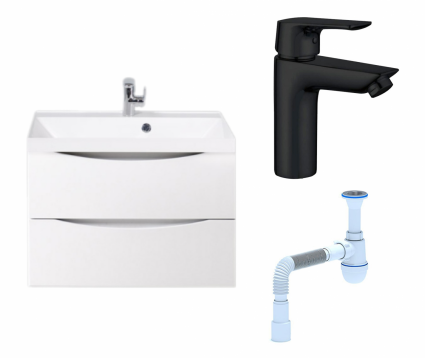Комплект: Тумба с раковиной BelBagno Marino 70 bianco lucido + Смеситель Aquanet Static AF330-10B черный + Сифон АниПласт