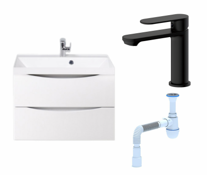 Комплект: Тумба с раковиной BelBagno Marino 70 bianco lucido + Смеситель Haiba HB10590-7 черный + Сифон АниПласт