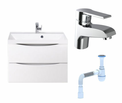 Комплект: Тумба с раковиной BelBagno Marino 70 bianco lucido + Смеситель Agger Right A2902100 хром + Сифон АниПласт