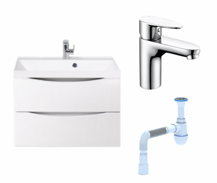 Комплект: Тумба с раковиной BelBagno Marino 70 bianco lucido + Смеситель Wasserkraft Leine 3503 хром + Сифон АниПласт