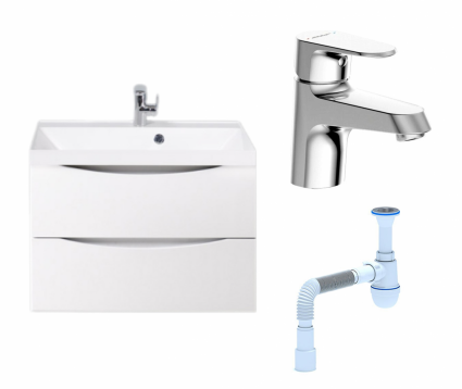 Комплект: Тумба с раковиной BelBagno Marino 70 bianco lucido + Смеситель Bravat Alfa F1120178CP хром + Сифон АниПласт