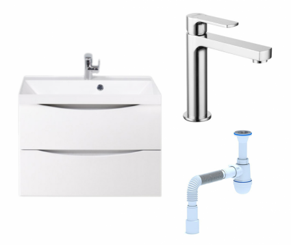 Комплект: Тумба с раковиной BelBagno Marino 70 bianco lucido + Смеситель Lemark plus Grace LM1537C хром + Сифон АниПласт
