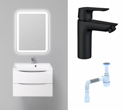 Комплект: Мебель для ванной BelBagno Marino 70 bianco lucido + Смеситель Aquanet Static AF330-10B черный + Сифон АниПласт