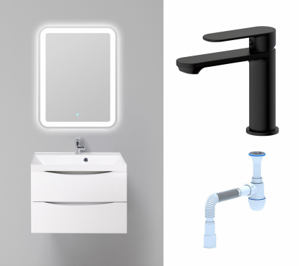 Комплект: Мебель для ванной BelBagno Marino 70 bianco lucido + Смеситель Haiba HB10590-7 черный + Сифон АниПласт
