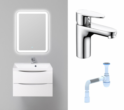 Комплект: Мебель для ванной BelBagno Marino 70 bianco lucido + Смеситель Wasserkraft Leine 3503 хром + Сифон АниПласт