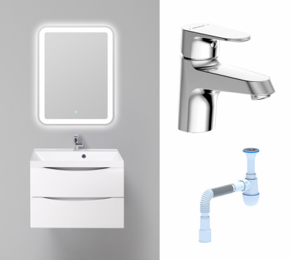 Комплект: Мебель для ванной BelBagno Marino 70 bianco lucido + Смеситель Bravat Alfa F1120178CP хром + Сифон АниПласт