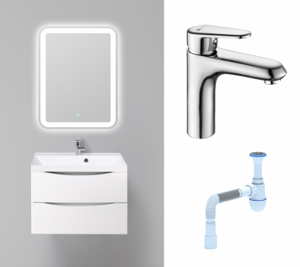 Комплект: Мебель для ванной BelBagno Marino 70 bianco lucido + Смеситель Lemark Point LM0306C хром + Сифон АниПласт