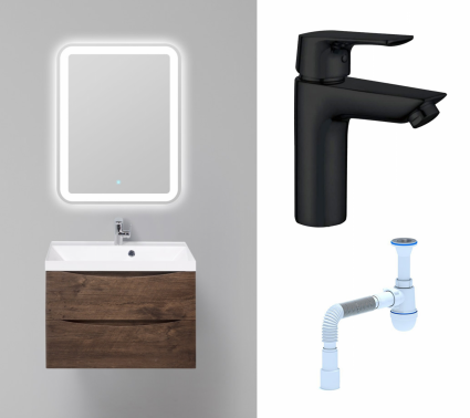 Комплект: Мебель для ванной BelBagno Marino 70 rovere moro + Смеситель Aquanet Static AF330-10B черный + Сифон АниПласт