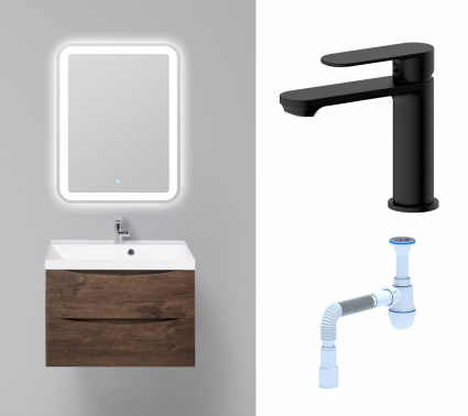 Комплект: Мебель для ванной BelBagno Marino 70 rovere moro + Смеситель Haiba HB10590-7 черный + Сифон АниПласт