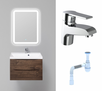 Комплект: Мебель для ванной BelBagno Marino 70 rovere moro + Смеситель Agger Right A2902100 хром + Сифон АниПласт