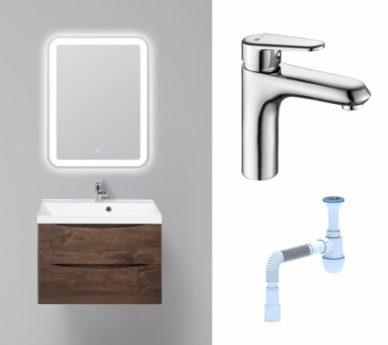 Комплект: Мебель для ванной BelBagno Marino 70 rovere moro + Смеситель Lemark Point LM0306C хром + Сифон АниПласт