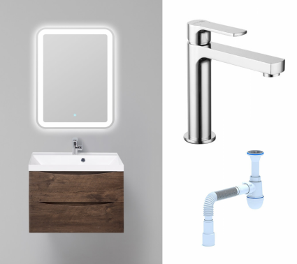 Комплект: Мебель для ванной BelBagno Marino 70 rovere moro + Смеситель Lemark plus Grace LM1537C черный + Сифон АниПласт